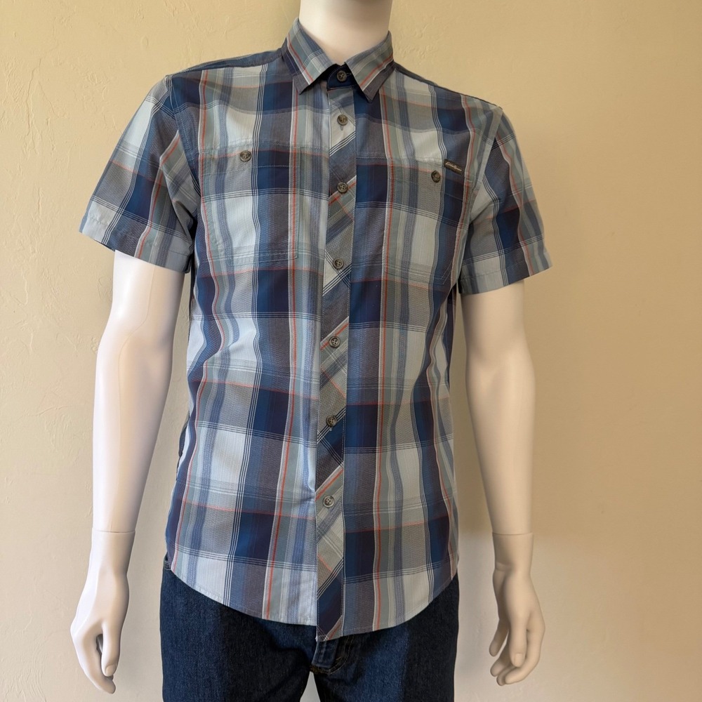 Eddie Bauer Mens Blue Orange Plaid Short Sleeve Button Up Classic Fit Shirt M